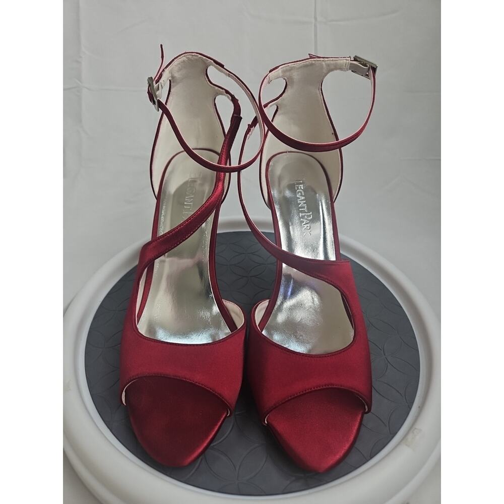 Elegant Park Burgundy Peep Toe High Heel Satin Ankle Strap Sandal Size 8M